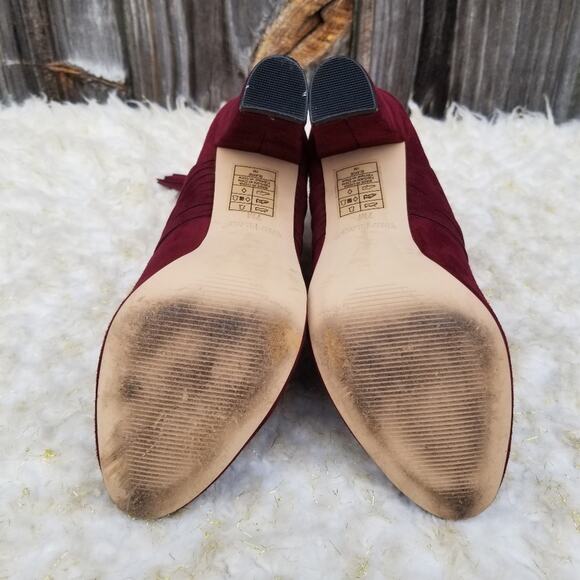 Red Boots WHBM Blayde Size 7 Strappy Ankle Bootie Heel Tassel Zip Suede Leather - Picture 13 of 13